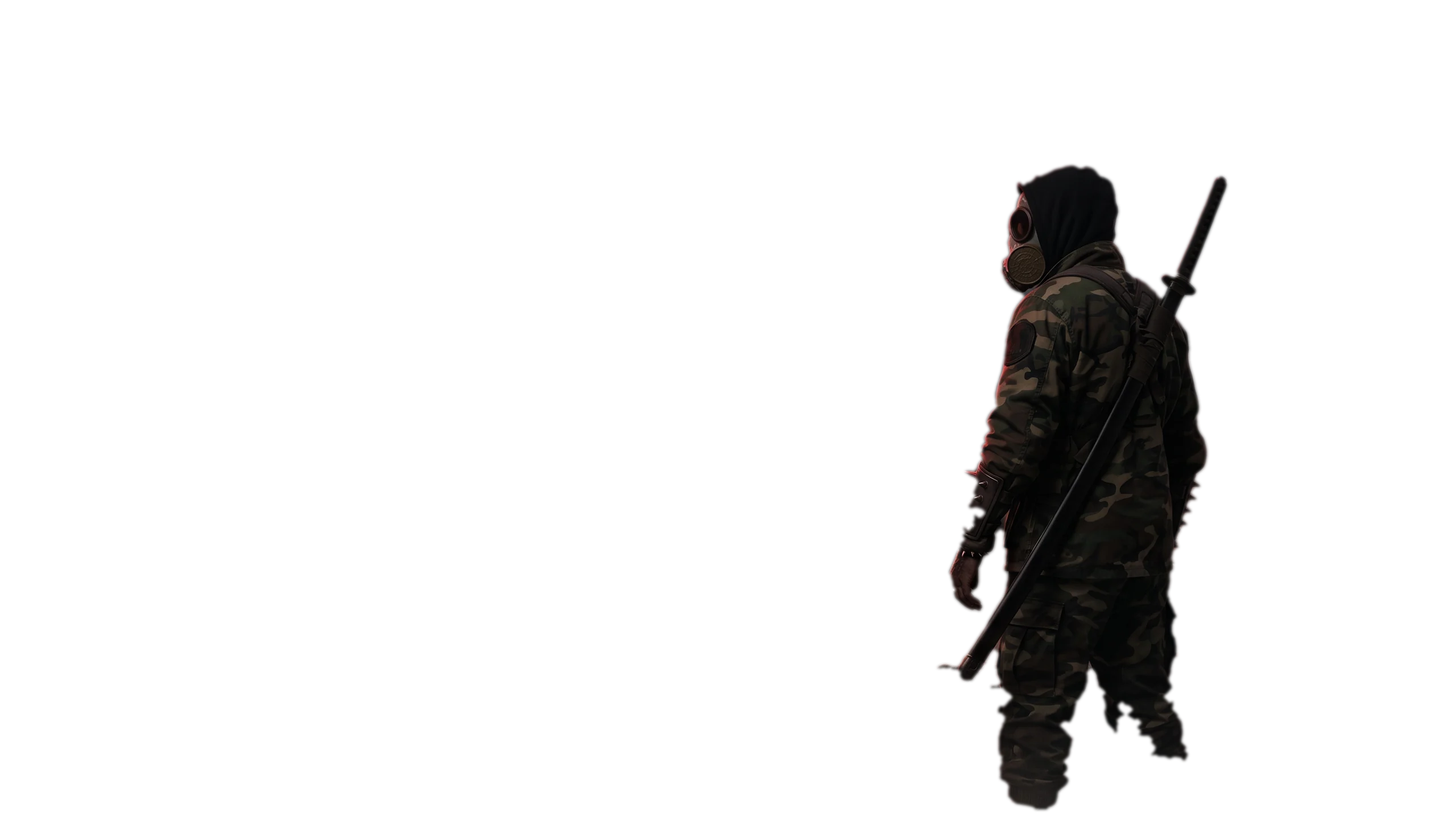 AMKK in a gas mask and camouflage, a katana on his back, standing on a broken wall above a burning city